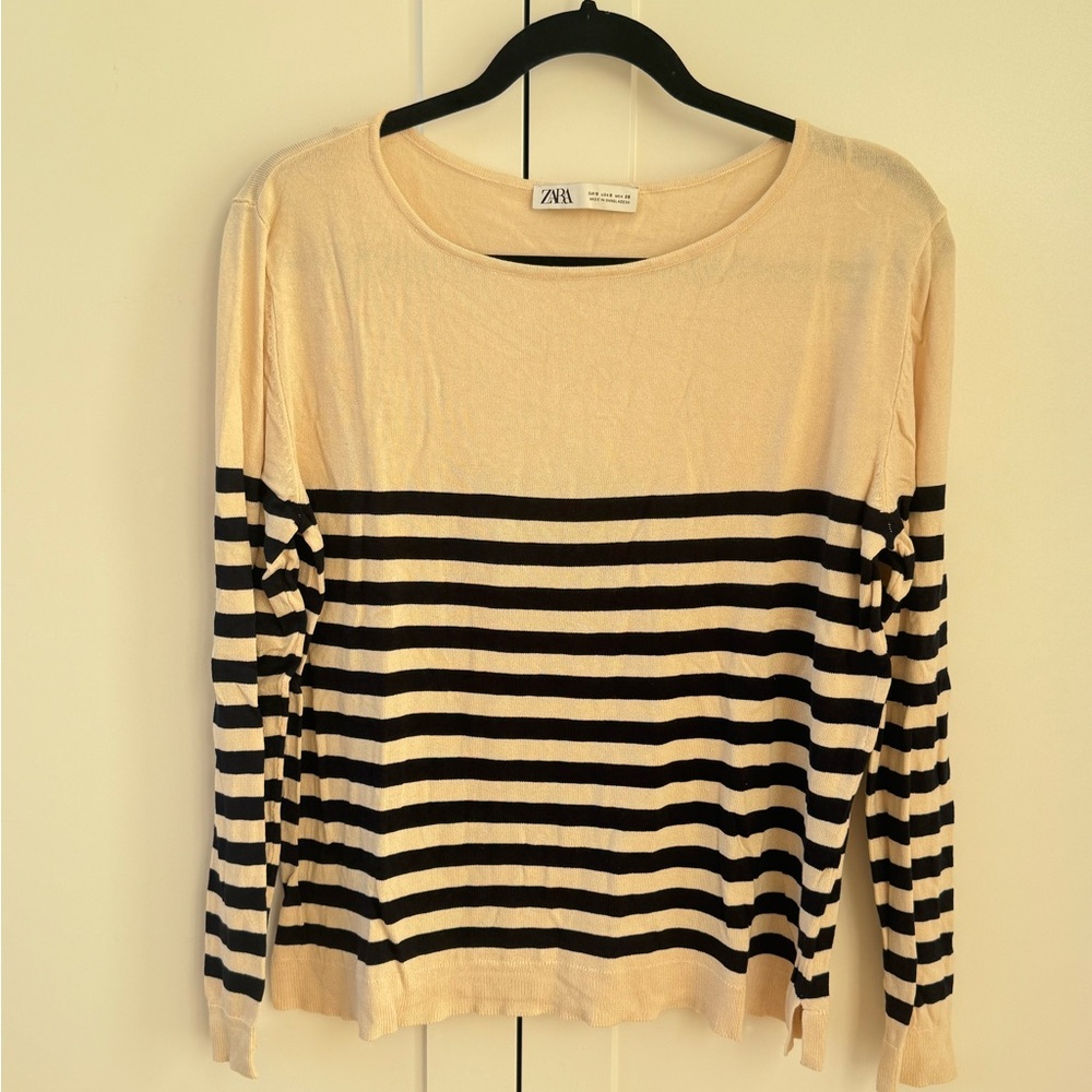 Zara Women's Top with Cream and Black Stripes